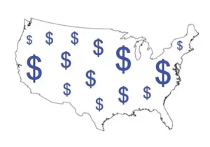 An outline of the United States with different-sized dollar signs all over the place.