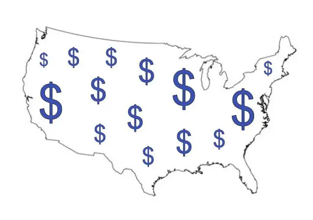 An outline of the United States with different-sized dollar signs all over the place.