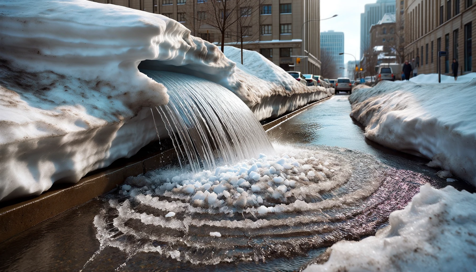 Melting snow filling up a storm gutter on a street (AI generated image).