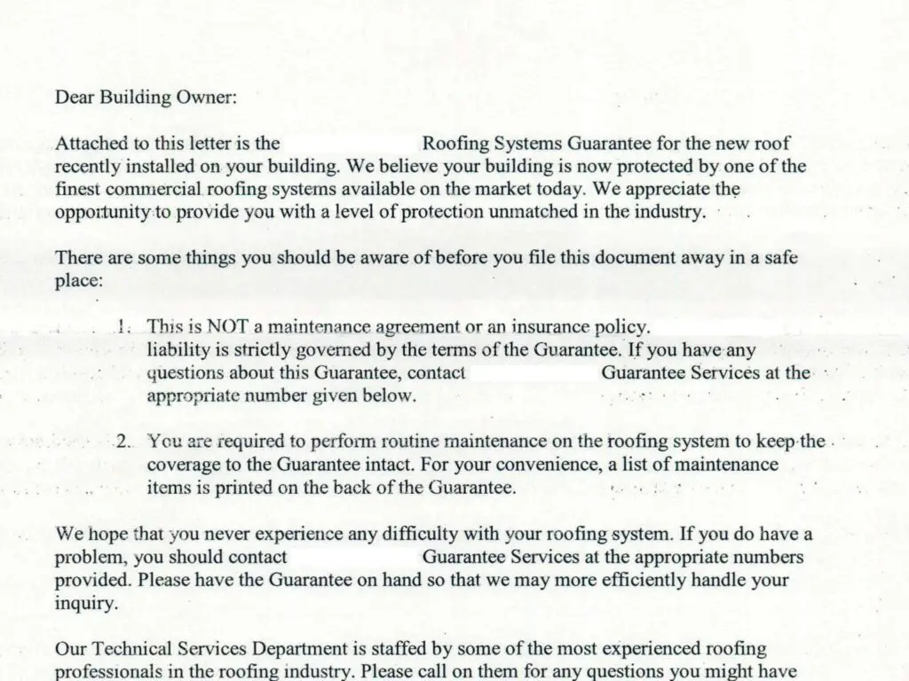 Typical letter that accompanies a commercial roof warranty.