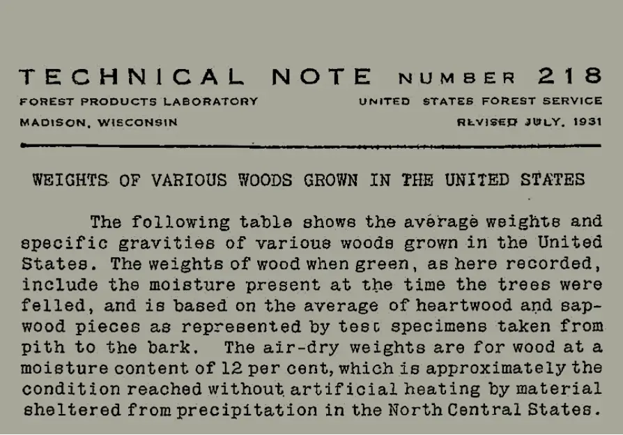 A screenshot of the beginning of "Weights of Various Woods Grown in the United States".