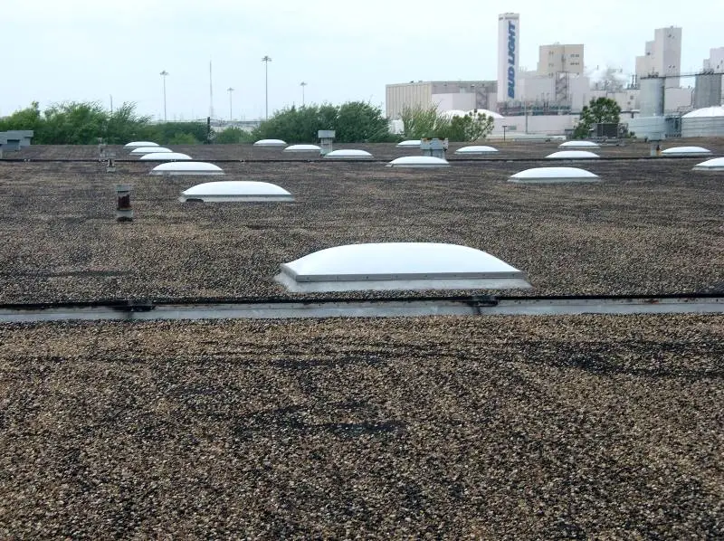 A 25-year-old flat coal tar pitch built-up roof with many modular skylights.