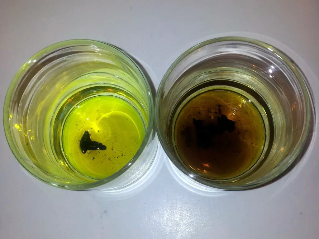 Two glasses with lighter fluid in them. The yellow-green one on the left has had a piece of coal tar pitch dropped into it, and the brown one on the right has had  a piece of asphalt dropped into it.