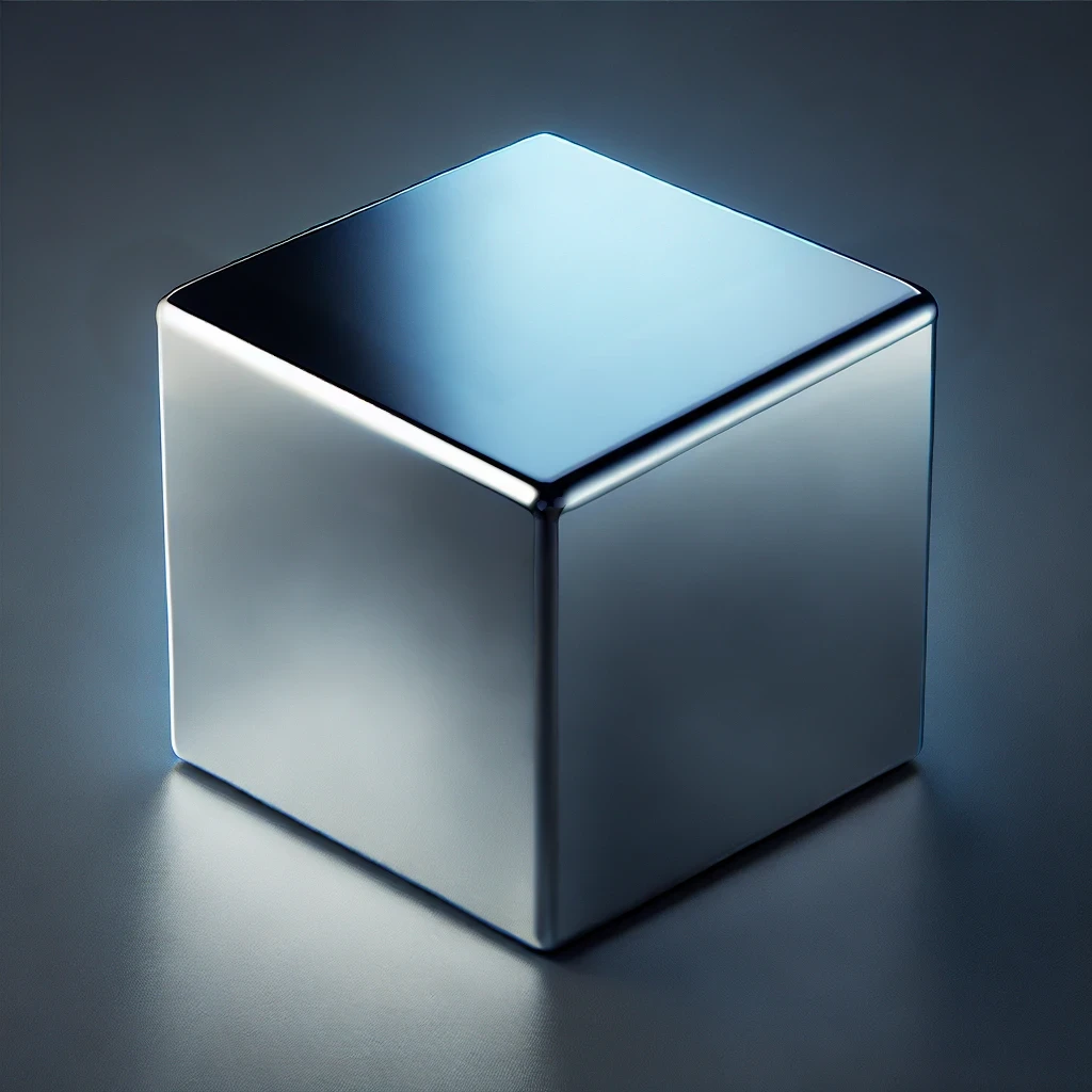 Ai-generated image of a silvery metal cube.