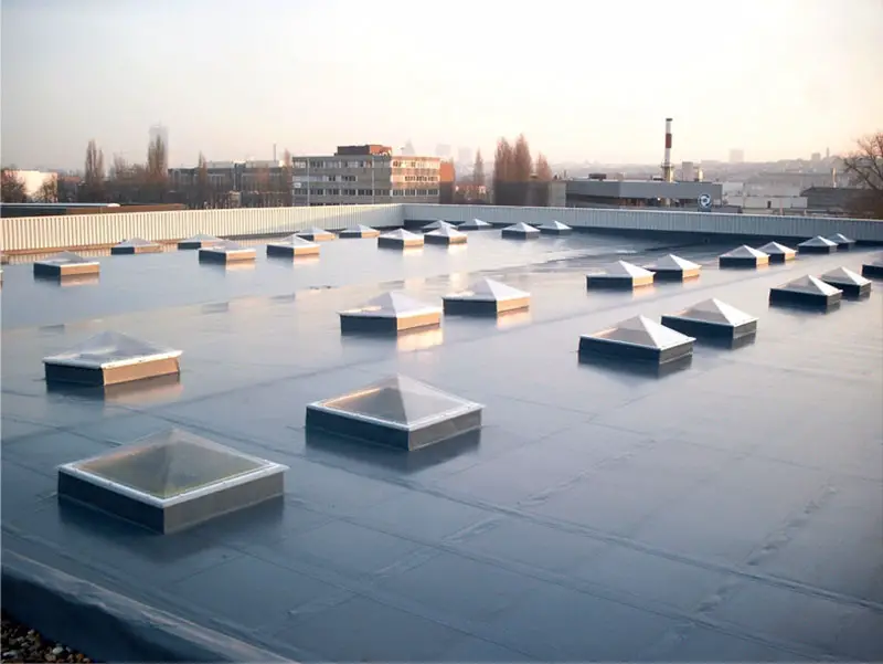 A TPE roof membrane on a low-slope roof with many skylights.