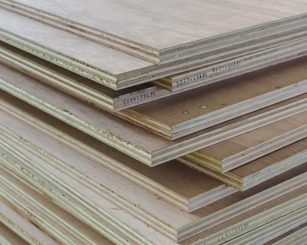 A stack of hardwood plywood sheets.
