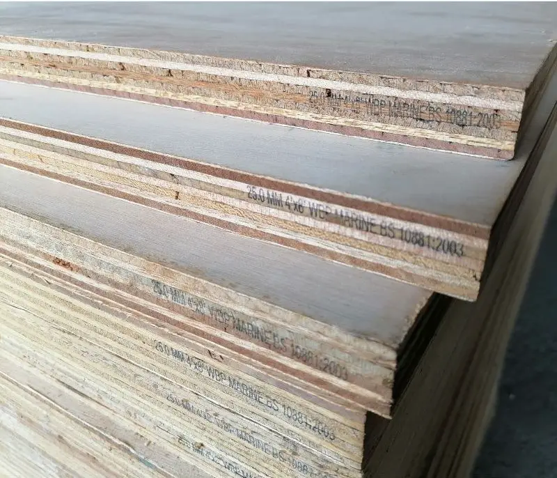A stack of marine plywood sheets.