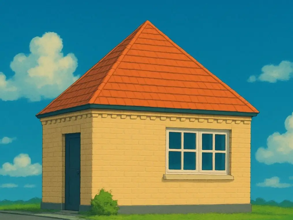A Studio Ghibli style image of a small house that features a pyramid roof.