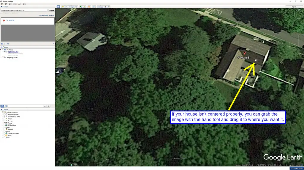 Screenshot of a house in Google Earth that is not centered in the viewport.