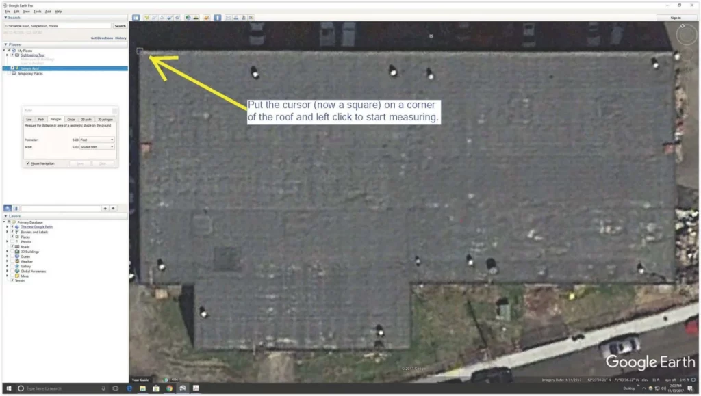 Screenshot showing how to use the ruler tool in Google Earth.