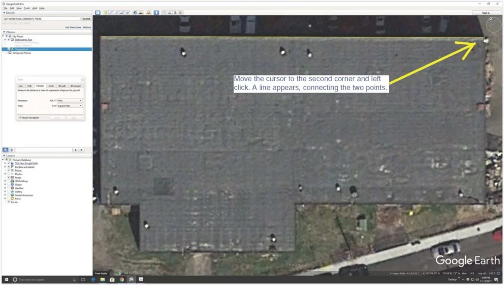 Screenshot of a roof measurement in progress in Google Earth.