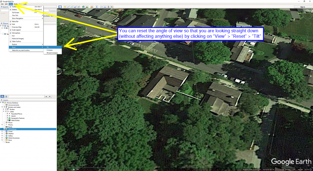 Screenshot of the Reset tool in Google Earth.