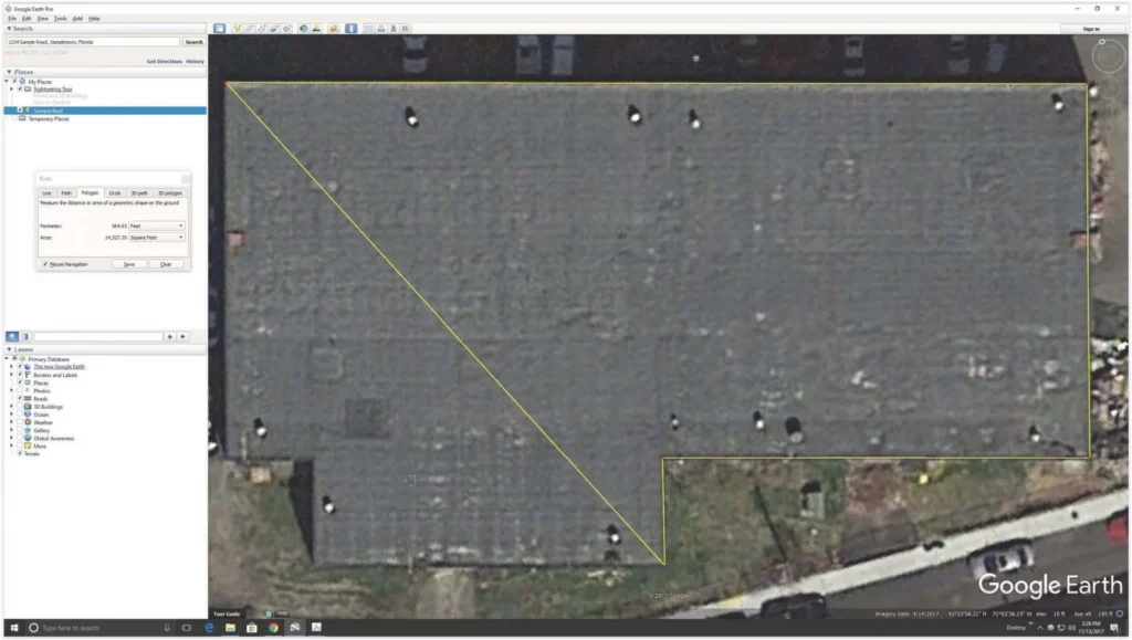Screenshot of a user measuring a roof in Google Earth.