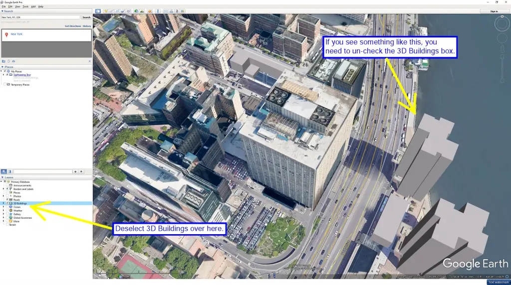 Screenshot of 3D Buildings failure in Google Earth.