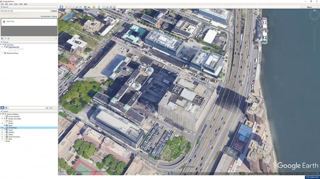 Screenshot of buildings in Google Earth with 3D Buildings turned off.