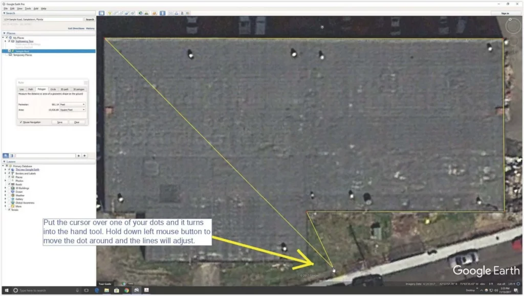 Screenshot showing how to correct a mistake while measuring in Google Earth.