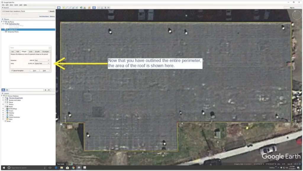 Screenshot showing the total area of a polygon measured in Google Earth.