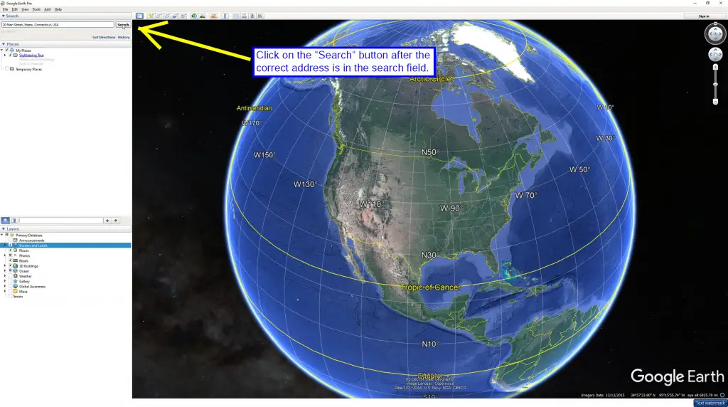 Location of search button in Google Earth.
