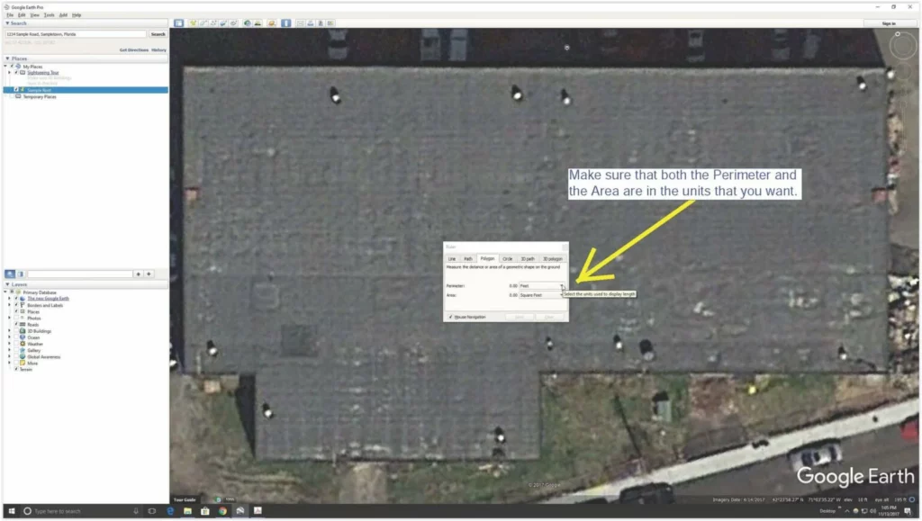 Screenshot of the perimeter and area unit selectors in Google Earth.