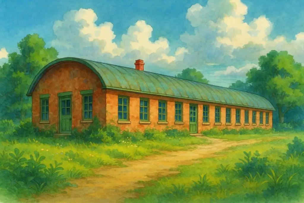 Barrel roof on a long brick building.