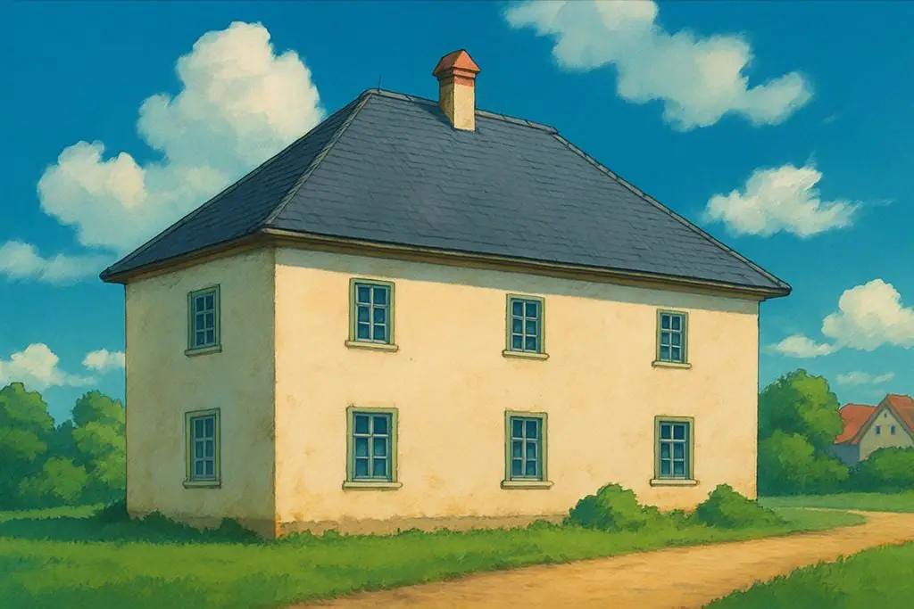 A Ghiblified picture of a house with a hip roof.