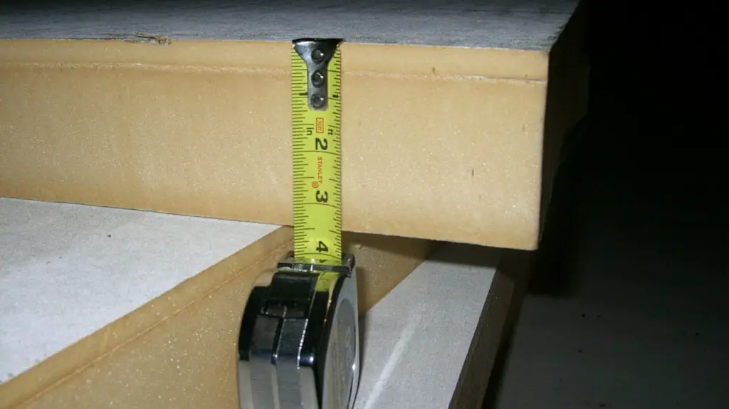 A tape measure showing the thickness of a piece of composite polyisocyanurate insulation board with total r-value R-19.5.