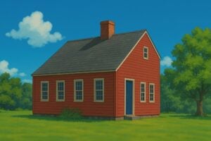 A red house with a saltbox roof.
