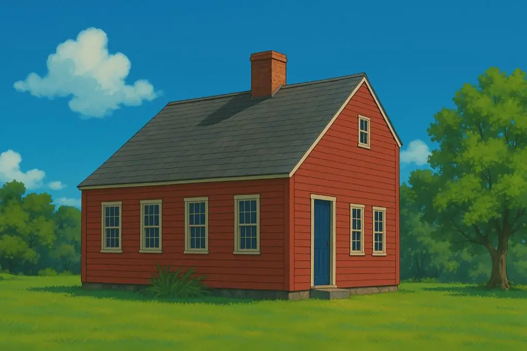 A red house with a saltbox roof.