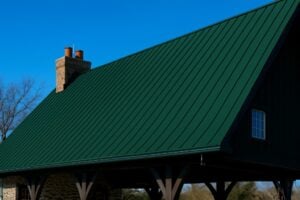 A dark green standing seam metal roof.