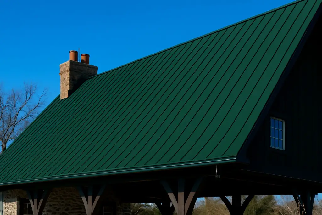 A dark green standing seam metal roof.