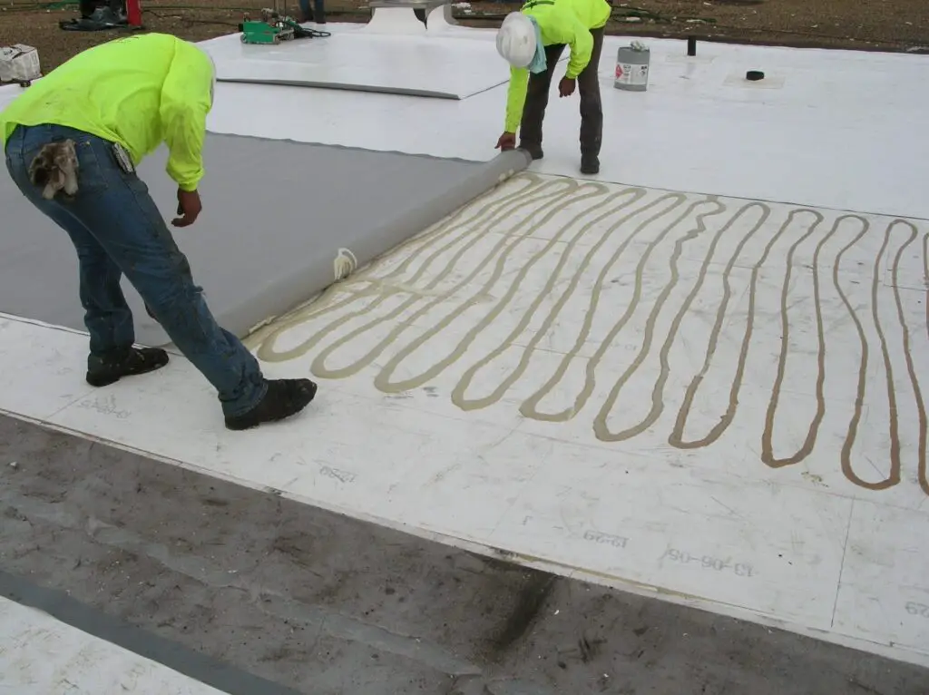 Two roofers installing a TPO single-ply roof membrane in adhesive.