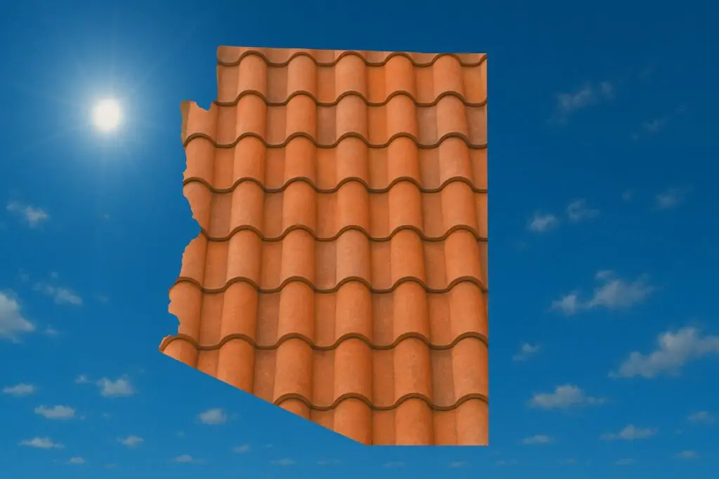 Outline of the State of Arizona filled in with an image of roofing slates, set against a background of blue sky with clouds and sun.