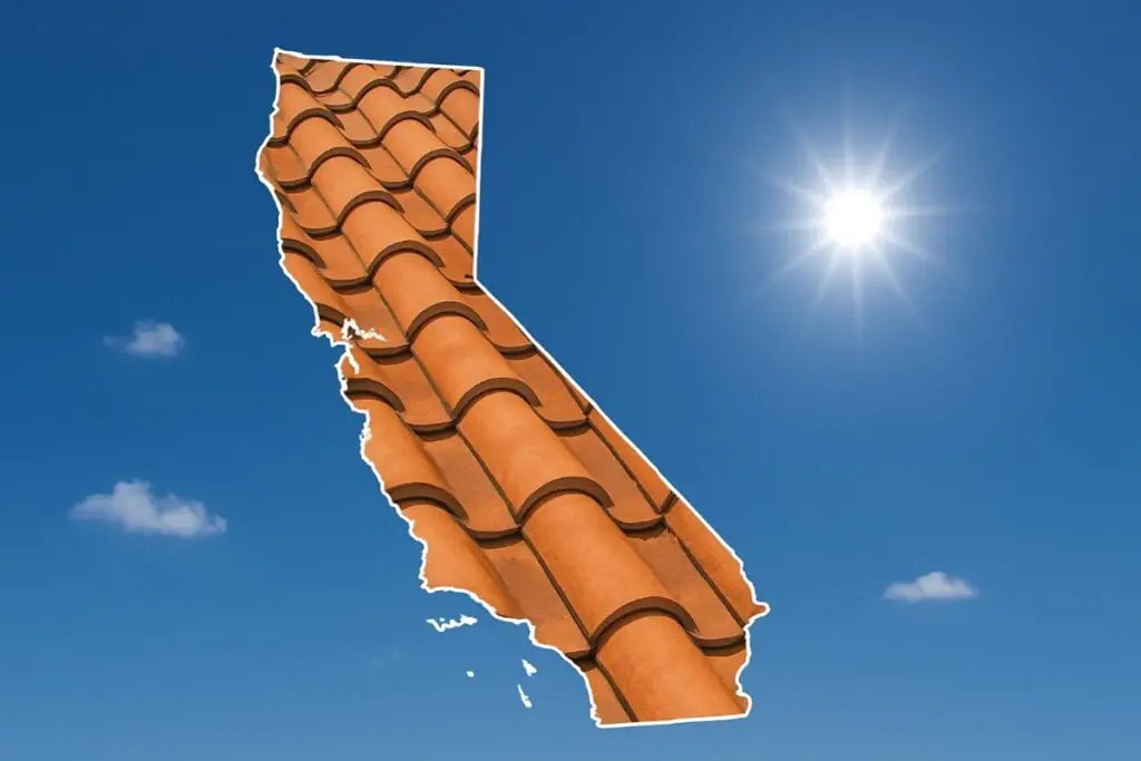 Outline of the State of California filled in with an image of a clay tile roof, set against a background of blue sky with clouds and sun.