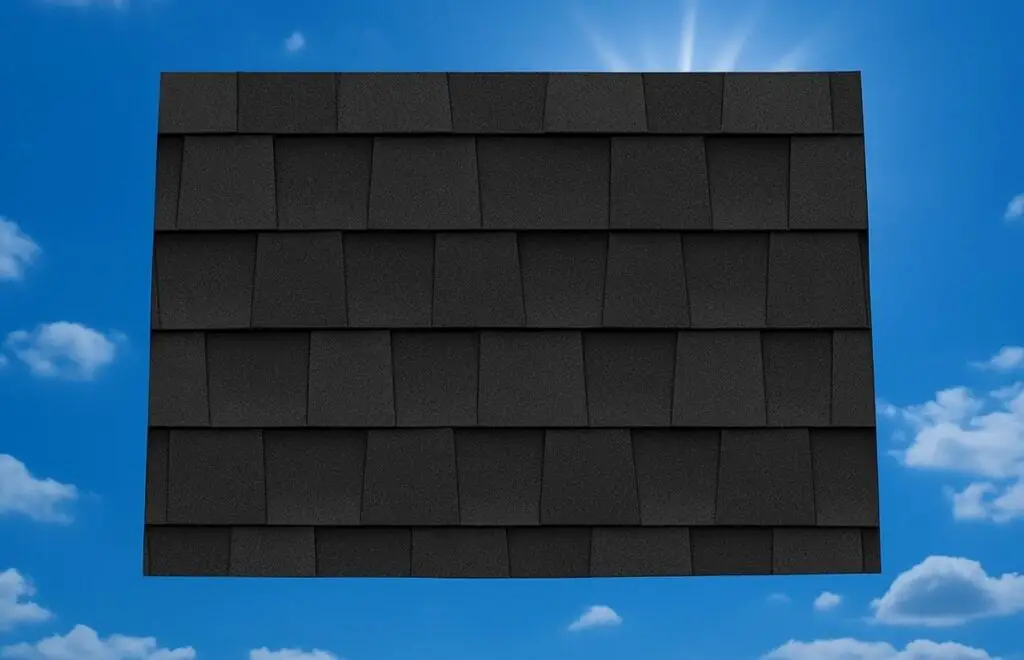 Outline of the State of Colorado filled in with an image of asphalt shingles, set against a background of blue sky with clouds and sun.
