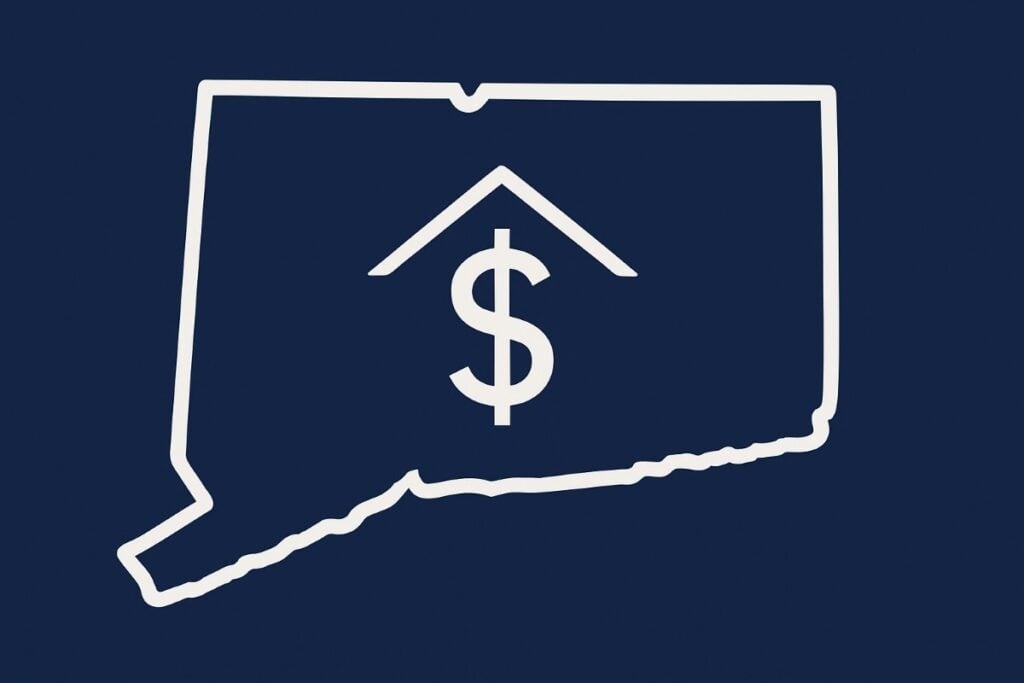 White outline of the state of Connecticut inside a dark blue field with a dollar sign with a little roof over it in the middle.