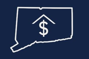 White outline of the state of Connecticut inside a dark blue field with a dollar sign with a little roof over it in the middle.