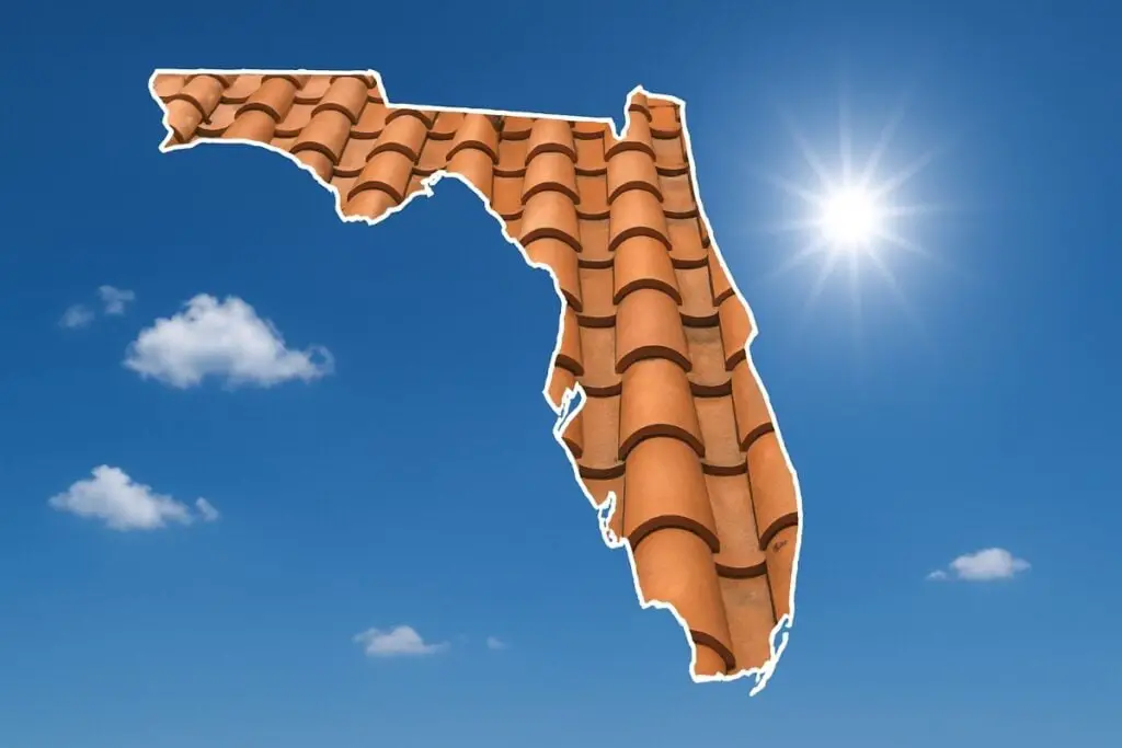 Outline of the State of Florida filled in with an image of a clay tile roof, set against a background of blue sky with clouds and sun.