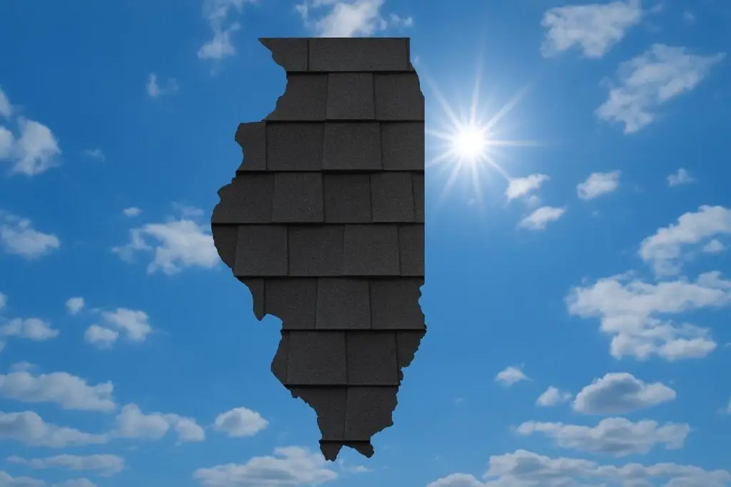 Outline of the State of Illinois filled in with an image of asphalt shingles, set against a background of blue sky with clouds and sun.