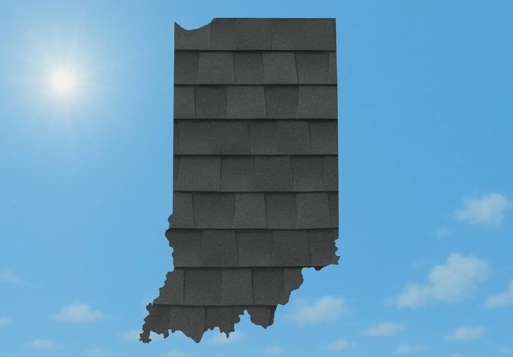 Outline of the State of Indiana filled in with an image of asphalt shingles, set against a background of blue sky with clouds and sun.