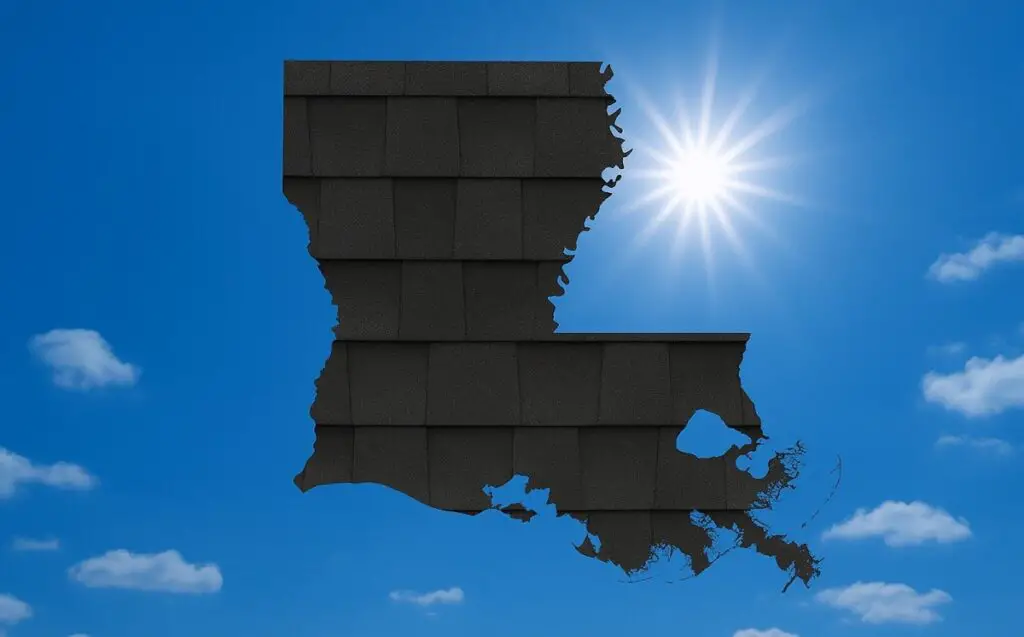 Outline of the State of Louisiana filled in with an image of asphalt shingles, set against a background of blue sky with clouds and sun.