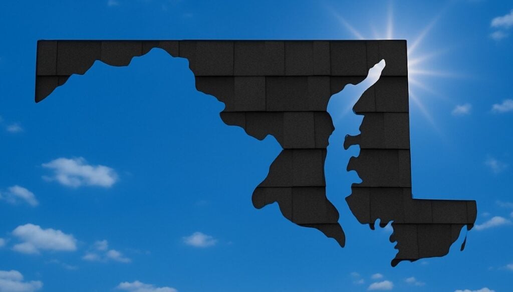 Outline of the State of Maryland filled in with an image of asphalt shingles, set against a background of blue sky with clouds and sun.
