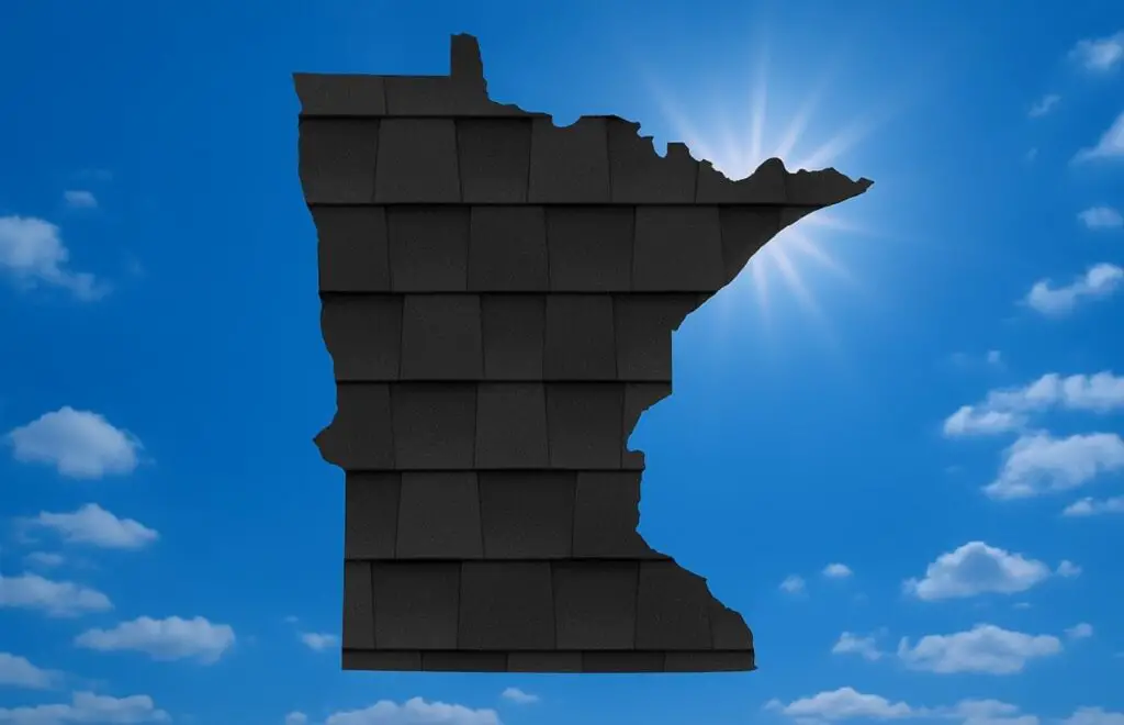 Outline of the State of Minnesota filled in with an image of asphalt shingles, set against a background of blue sky with clouds and sun.