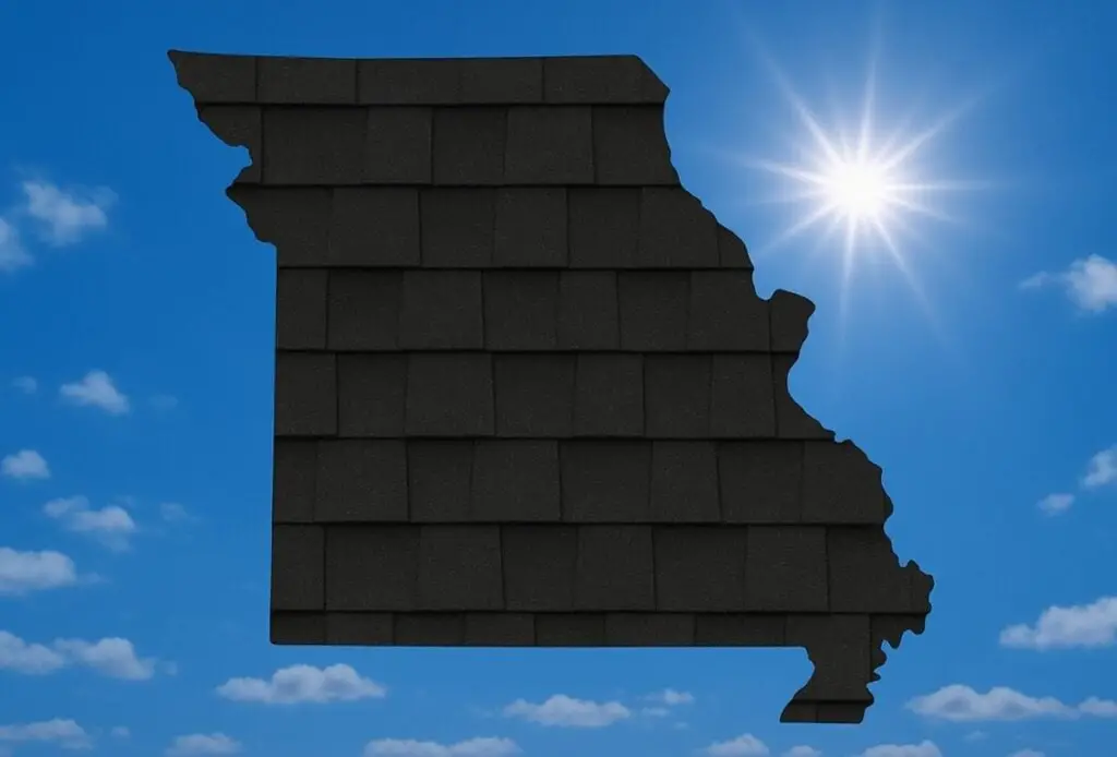 Outline of the State of Missouri filled in with an image of asphalt shingles, set against a background of blue sky with clouds and sun.