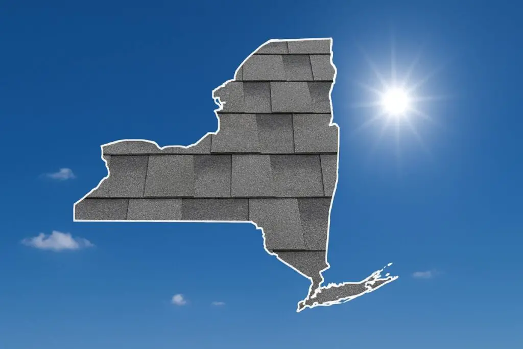 Outline of the State of New York filled in with an image of asphalt shingles, set against a background of blue sky with clouds and sun.