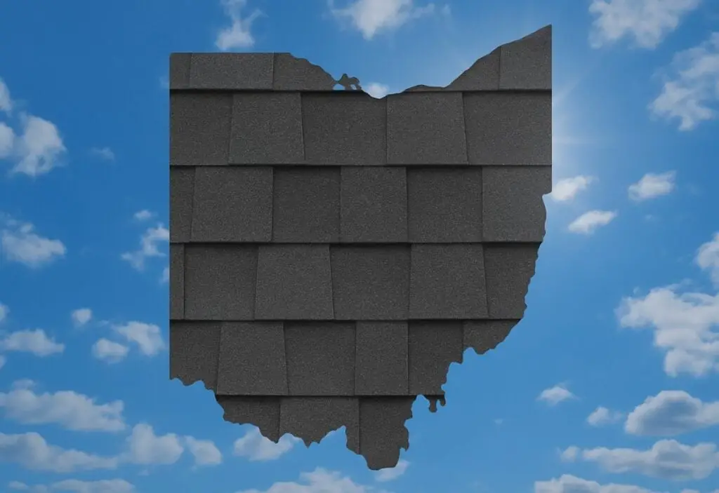 Outline of the State of Ohio filled in with an image of asphalt shingles, set against a background of blue sky with clouds and sun.