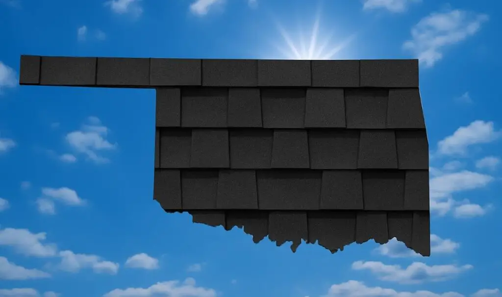 Outline of the State of Oklahoma filled in with an image of asphalt shingles, set against a background of blue sky with clouds and sun.