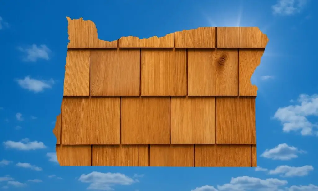 Outline of the State of Oregon filled in with an image of cedar shingles, set against a background of blue sky with clouds and sun.