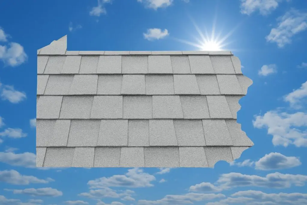 Outline of the State of Pennsylvania filled in with an image of asphalt shingles, set against a background of blue sky with clouds and sun.