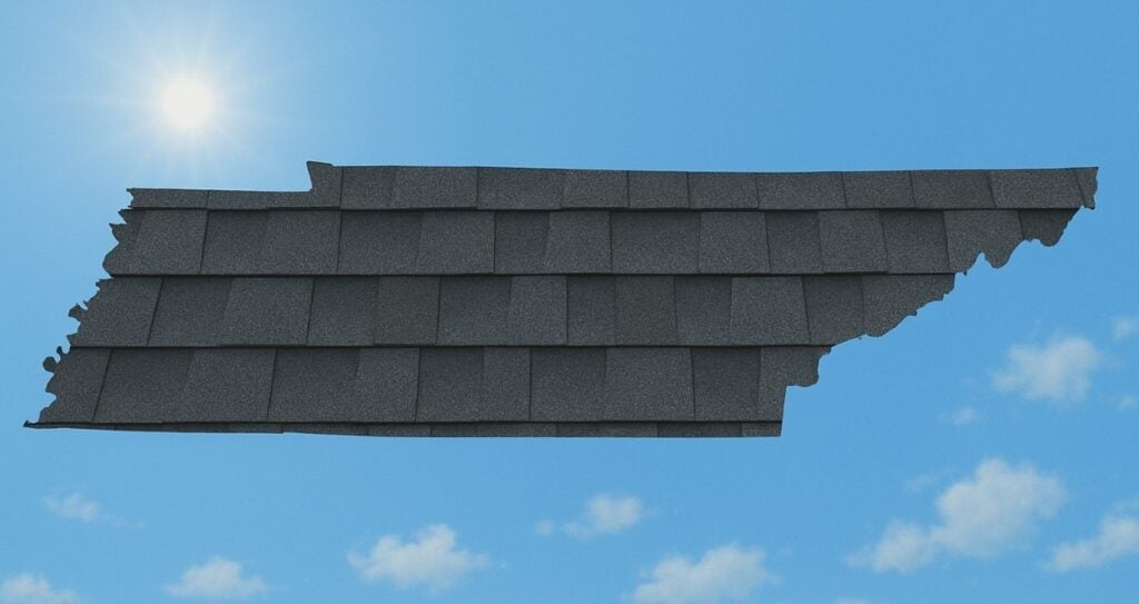 Outline of the State of Tennessee filled in with an image of roofing slates, set against a background of blue sky with clouds and sun.