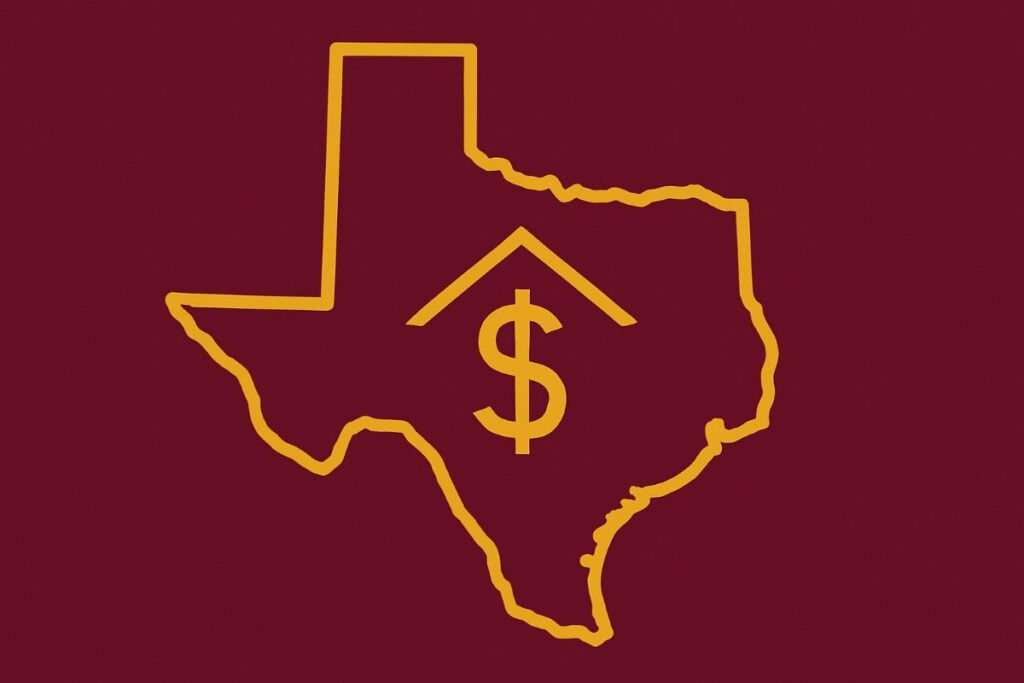 Gold outline of the state of Texas inside a maroon field with a dollar sign with a little roof over it in the middle.